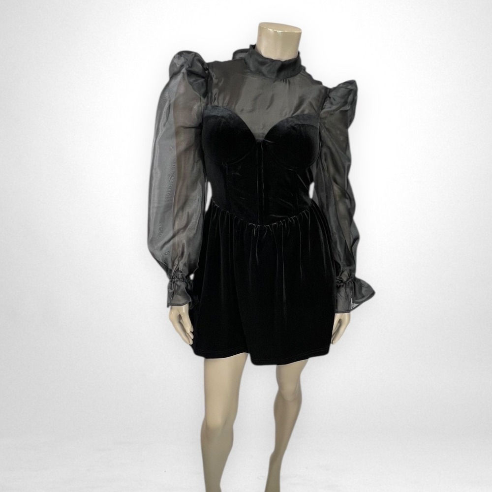 MABLE Organza Puff Sleeve‎ Velvet Black Dress S